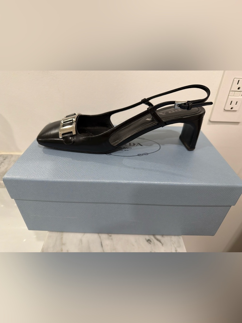 Prada Black Leather Slingback Heels with Silver Buckle Accent - Picture 2 of 3